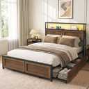 KISLOT 3PCS Bedroom Set with Storage, Industrial Bed Frame, Walnut, Queen
