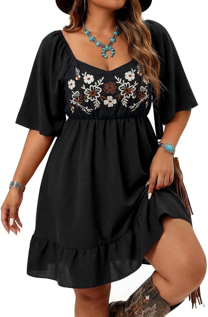 UpFind Plus Size Black Western Dress for Women Floral Boho Dresses Country Concert Cowgirl Outfits Causal A Line Flowy Summer Midi Dress, XXL