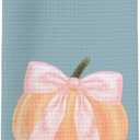 Fall Kitchen Towels, Pink Bowknot Decorative Fall Hand Towels, Pumpkin Autumn Dish Towel Dishcloths Tea Towel for Kitchen Bathroom, Preppy Coquette Fall KitchenBathroom Blue Decor, 16x24in