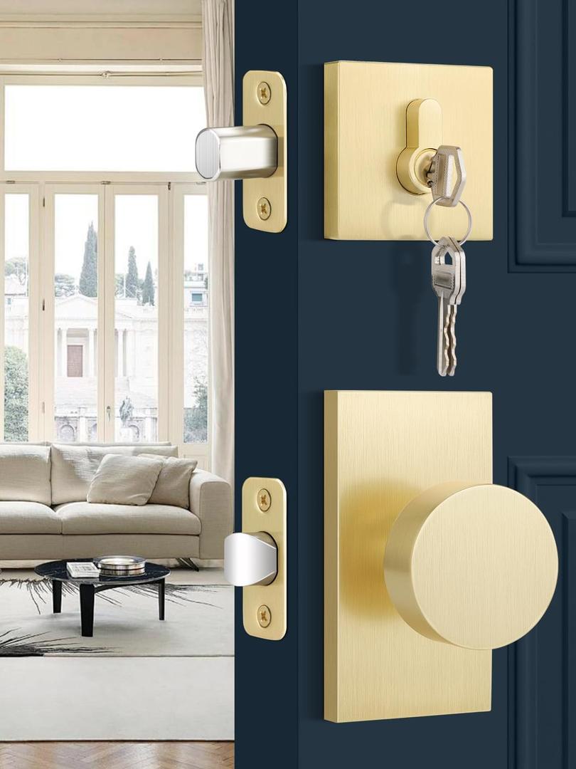 EHOMEWARE 2 Pack Brass Door Knobs with Deadbolt, Keyed Alike Entry Door Lock Set, Heavy Duty Deadbolt Door Locks, Gold Door Knob for Left/Right Handed Doors