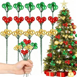15 Pcs Christmas Tree Picks 7.7 Inch Red Green Gold Christmas Balls Ornaments Wired Picks Berry Stems Xmas Ornaments Red Green Xmas Tree Decoration for Wreaths Garlands Home Office Decor