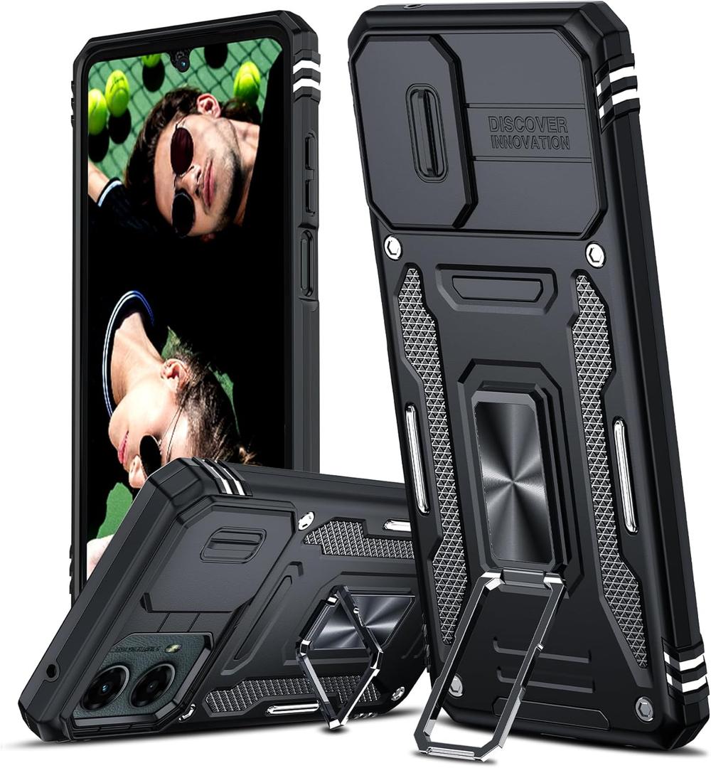 LeYi for Moto G-5G-2024 Case: Moto G 2024 Case with Slide Camera Cover, Moto G 2024 Phone Case [Military-Grade] Shockproof, Magnetic Kickstand para Phone Case Moto G 5G 2024 Active Outdoor, Black