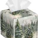 Winter Christmas Tree Tissue Box Cover Square Leather Tissue Case Holder Facial Paper Organizer Decorative for Tabletop Night Stands Desk Bathroom Kitchen Car Office Home Decor