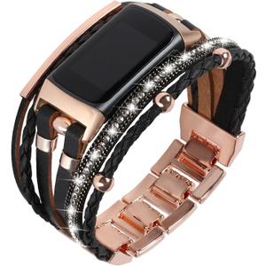 Leather Bands Compatible with Fitbit Charge 6/Charge 5 Bands for Women, Boho Handmade Multilayer Wrap Bracelets Jewelry Strap Replacement for Charge 6/Charge 5 Fitness Tracker (Black/Rose Gold)