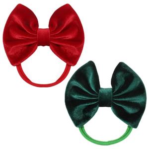 2 Pcs Christmas Velvet Ribbon Hair Bows, Tied Bows Handmade Soft Hairbands Bow Elastic Nylon Hair Accessories for Women Girls Baby Kids Teens Gift (Red, Green)