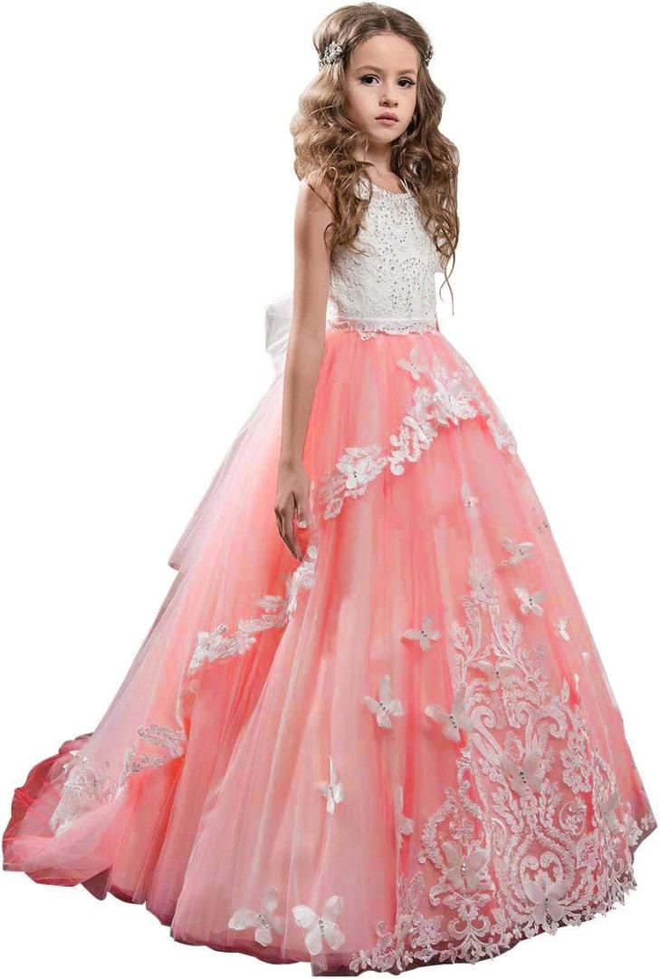 Flower Girl Dress Kids Lace Beaded Pageant Ball Gowns (4-5T, B Coral Pink)