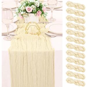 12 Pack 120 Inch Beige Cheesecloth Table Runner Boho Rustic Gauze Sheer Romantic 10 FT Long Cheese Cloth Table Runner for Bridal Baby Shower Wedding Party Birthday Holiday Home Easter Decor