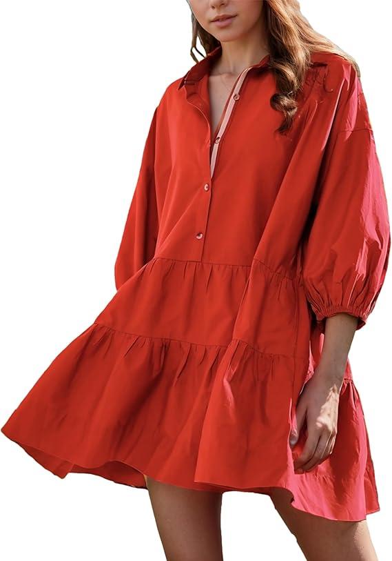 HangNiFang Women's Summer Babydoll Mini Dress Flowy Puff Sleeve Tiered Button Down Oversized Tunic Dress with Pockets Small
