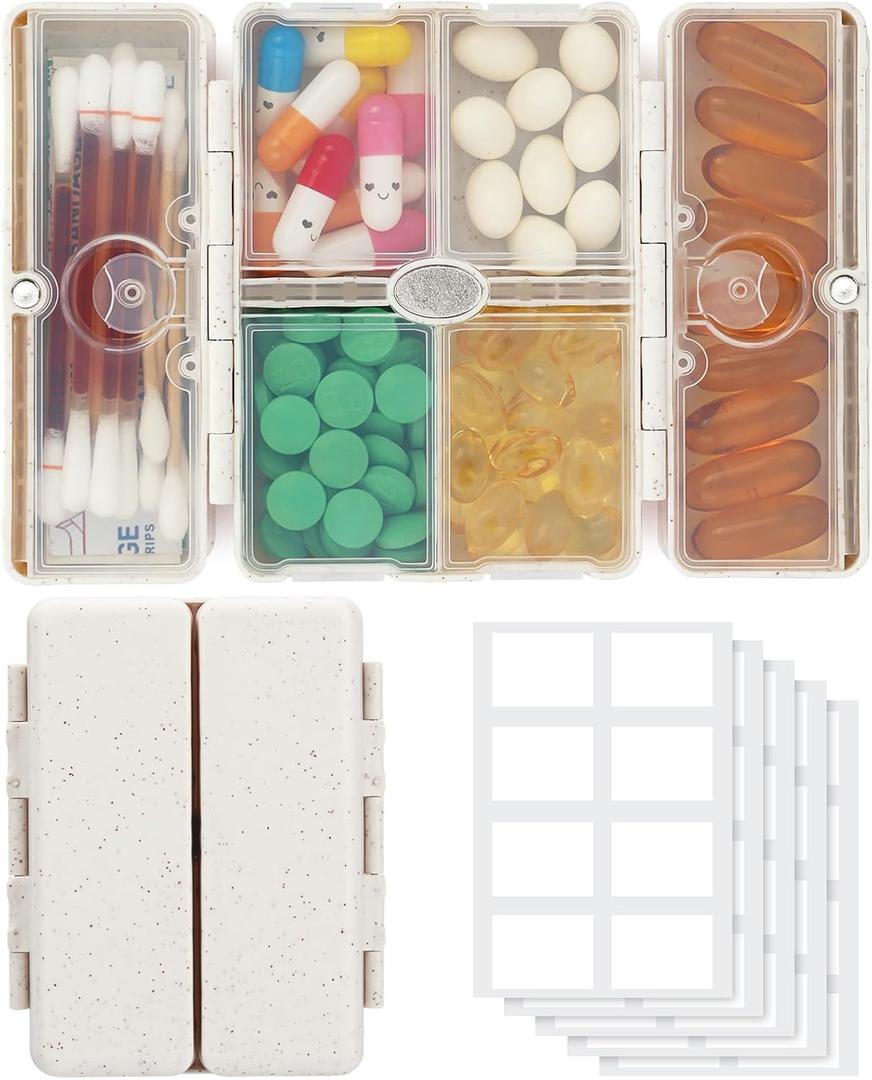 2 x Zentiky Small Daily Pill Organizer with Labels, Medicine Pill Organizer Fit with Your Purse or Pocket for Travel to Hold Vitamin, Fish Oil, Supplement,Cotton Swabs, Bandages or Jewelry-Beige