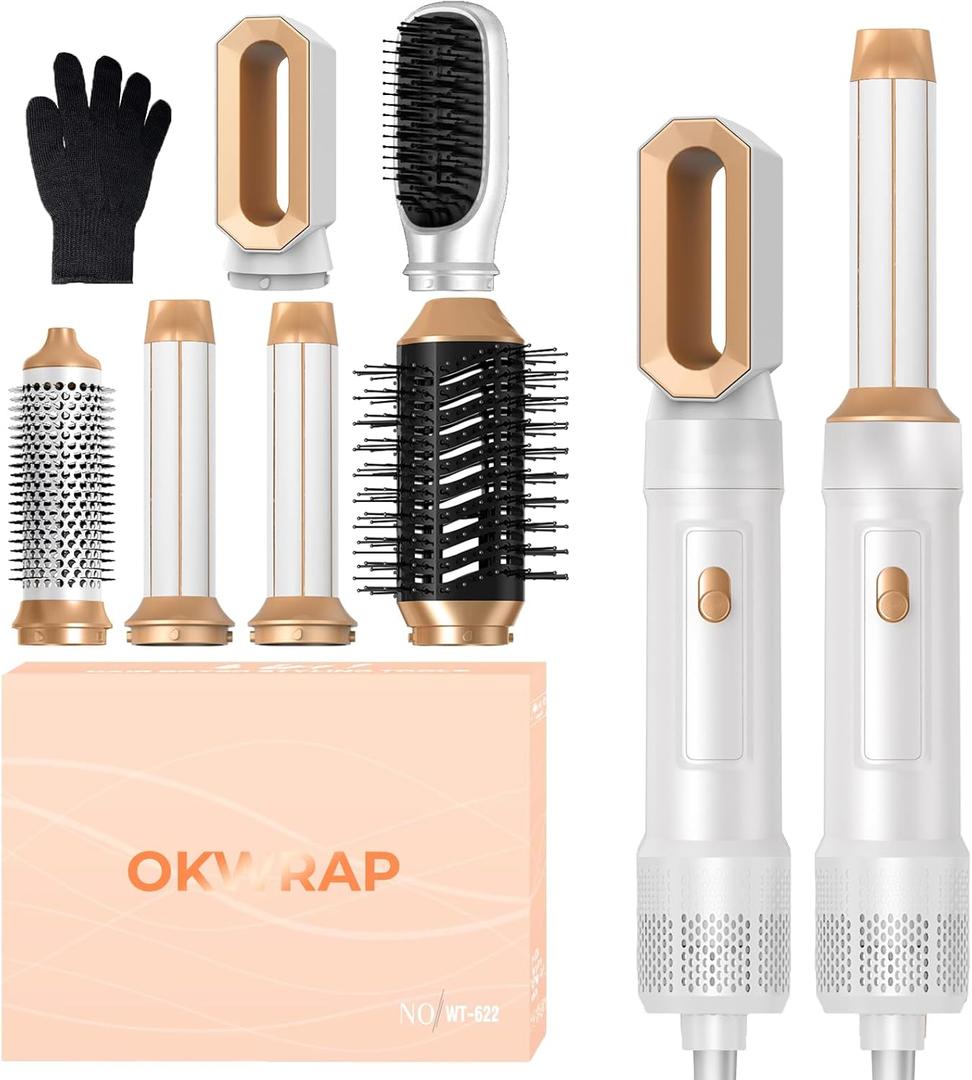 6 in 1 Blow Dryer Brush, Upgrade Hair Dryer Brush Set Negative Ion Air Styler Curling Wrap Air Curler, Hot Air Brush Curling Iron Hair Styling Tools As A Gift for Straight/Curl/Dry/Smooth, White