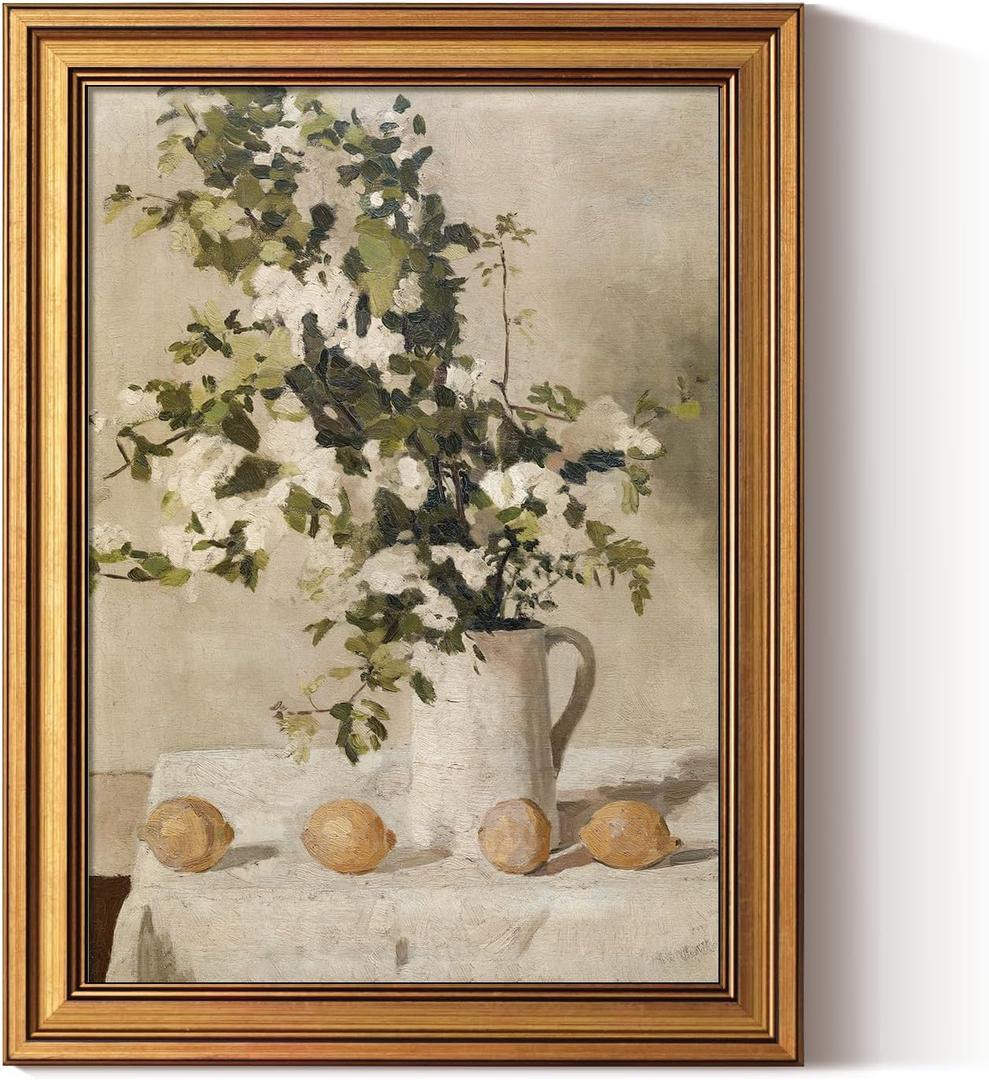ARPEOTCY Gold Framed Canvas Art Prints,12x16inch, Vintage Lemons and Floral Art Painting, Rustic Farmhouse Decor for Kitchen Dining Room Bedroom Bathroom Shelf, Country Still Life Pictures