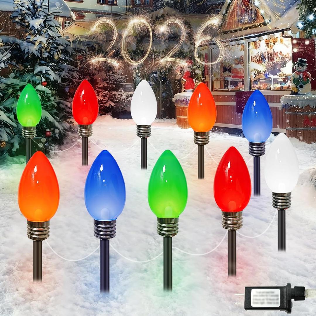 IDEAALS 10 Pack Jumbo Multicolor Plug in C9 Christmas Lights OutdoorLED Pathway Lights Waterproof, Strawberry Light Christmas Decorations Outdoor for Walkway Party Patio Garden Lawn Yard Decor