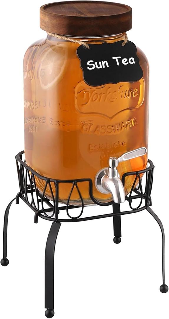 1 Gallon Drink Dispenser with Spigot 18/8 Stainless Steel  Airtight & Leakproof Glass Sun Tea Jar with Anti-Rust Lids, Beverage Dispenser for Parties (Single with Stand)