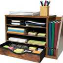 Wooden file Organizer with Drawer, Office Wood Desk Organizer with drawers, with 4 Adjustable Shelves, Mail Sorter with Drawer, Office Desk Paper Holder, Brown, Assembly required