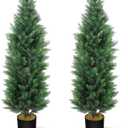 Hananona 2 Pcs 4 Ft Artificial Topiary Cedar Trees, Outdoor Faux Pine Shrubs, Realistic Fake Greenery Plants UV Resistant Cypress Trees for Christmas Porch Front Door Decor (2, Green, 4 Ft)