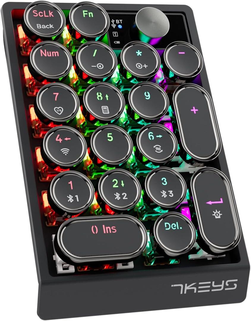 7KEYS Retro Mechanical Numpad with RGB Backlit, Hot Swappable, Wireless Bluetooth and 2.4G Connection, 1000mAh Battery, Function Knob for PC Laptop