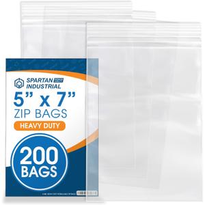 Spartan Industrial - 200 Count - 5 X 7 (4 Mil Heavy Duty) Thick Durable Clear Plastic Reclosable Zip Poly Bags with Resealable Lock Seal Zipper