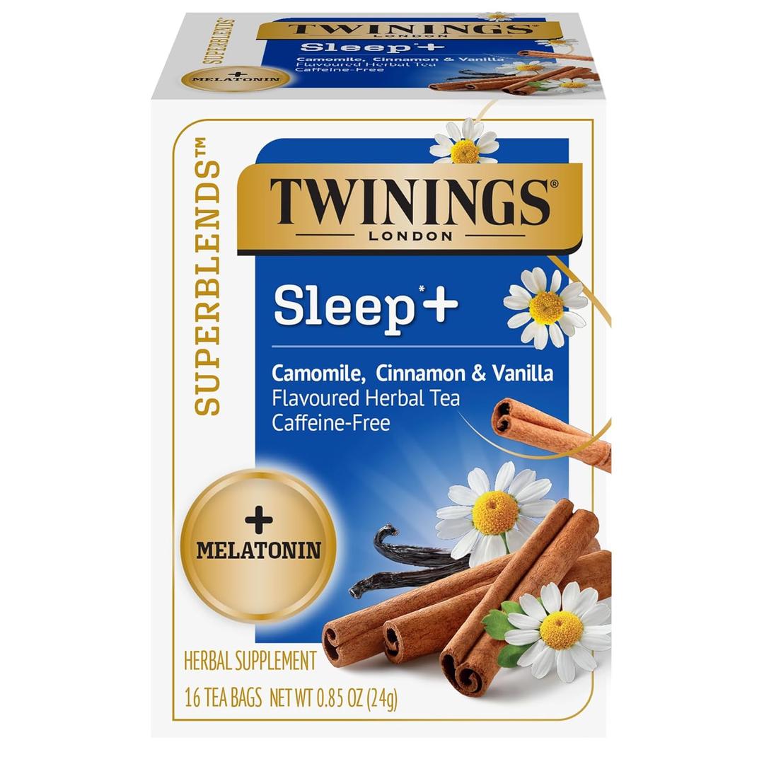 Twinings Superblends Sleep+ Herbal Tea with 1mg Melatonin Camomile, Cinnamon & Vanilla, Naturally Caffeine-Free, 16 Tea Bags (Pack of 1), Enjoy Hot or Iced