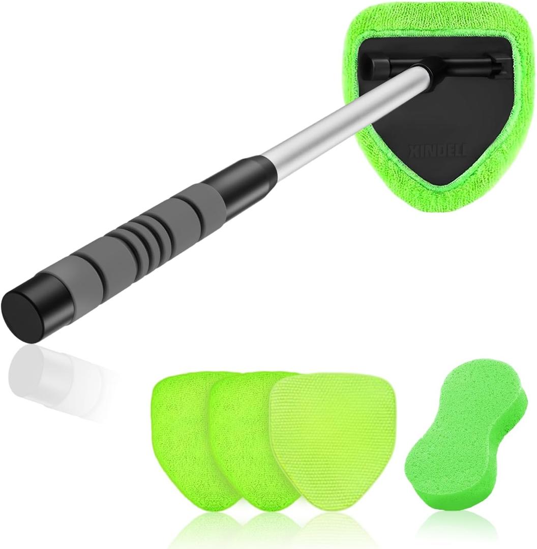 XINDELL Windshield Cleaner Tool  Car Interior Window Cleaning Kit with Extendable Handle & 4 Microfiber Pads, Auto Washing Brush for Car, Trucks, SUVs, RVs & Home Windows (19in)