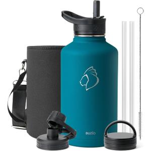 BUZIO 64 oz Water Bottle Insulated with Straw & 3 lid and Carrying Pouch, Leak Proof Half Gallon Stainless Steel Water Flask Jug, Cold for 48 Hrs Double Vacuum Thermo Canteen, BPA-Free, Dark Blue