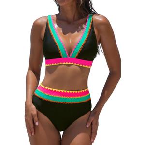 popvil High Waisted Bikini Sets for Women Two Piece Bathing Suits Neon Swimwear V Neck Full Coverage Swim Suits 2026 XL