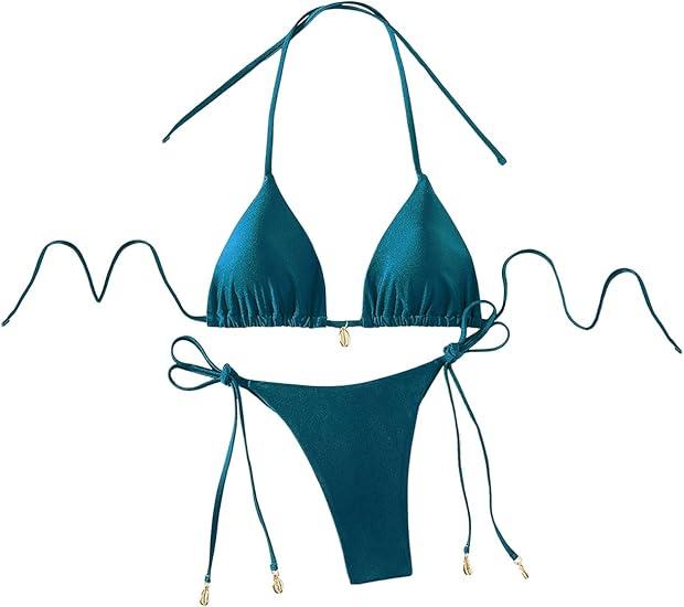 RoseSeeek Women's 2 Piece Swimsuit Halter Triangle Ruched High Cut Bathing Suit Thong Cheeky Bikini Set L