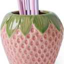 Strawberry Pencil Holder, Cute Pen Holder for Desk, Ceramic Pen Holder, Stand Makeup Brush Holder, for School, Home, Office Desk Decor(Pink)