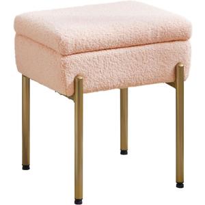 Vanity Stool Chair, Small Ottoman Stool with Storage, Makeup Vanity Chair with Anti-Slip Feet, Footstool Ottoman with Metal Legs, Storage Chairs for Makeup Room, Bedroom, Living Room (Pink)