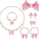 Handmade Bow Pearl Kids Jewelry for Little Girls Toddler Set of 8 pcs - Hair Bows Clips Ties - Stretch Necklace Bracelets Rings and Clip on Earrings - Cute Princess Dress Up Gifts