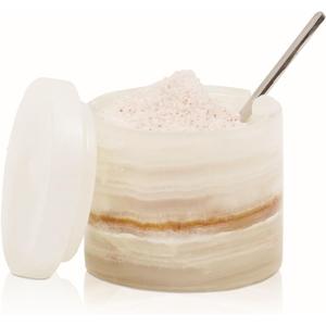 SPESHSTONES Marble Salt Cellar with Lid and Spoon 3 Inch White Onyx Small Seasoning Containers for Kitchen Accessories & Decor, Spice Jars, Sugar Bowl & Flaky Salt Dish for Countertop Storage