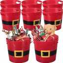 8 Pack Empty Christmas Plastic Buckets with Handles Red Santa Belt Round Basket Multi Purpose Container Christmas Decorations Candy Bars Vase Toy Baskets for Christmas Winter
