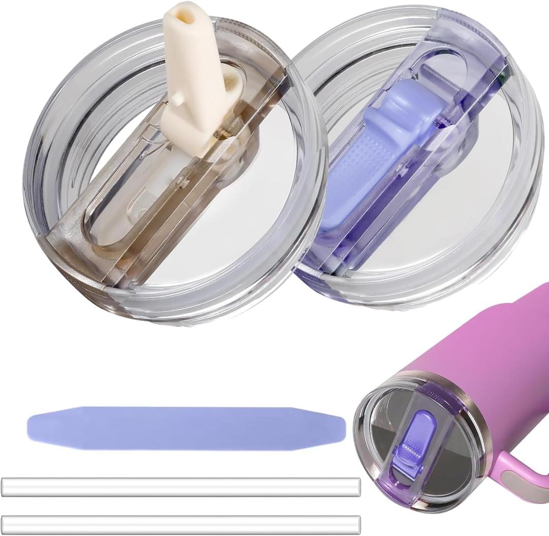 2 Pack 30 oz Tumbler Flip Straw Lid for Stanley Quencher ProTour Leak Proof Lid Replacement for Stanley H2.0 Quencher, Spill Proof Reusable Lid for Stanley Cup Accessories (Purple & Cream, 30 oz)