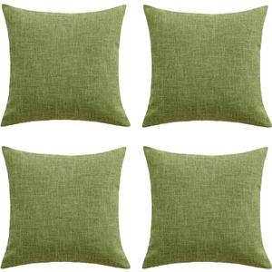 Set of 4 Green Throw Pillow Covers Neutral Textured Linen Decorative Pillowcases 18x18 Inch, Farmhouse Rustic Outdoor Pillow Cover Square Accent Cushion Cases for Sofa Couch Home
