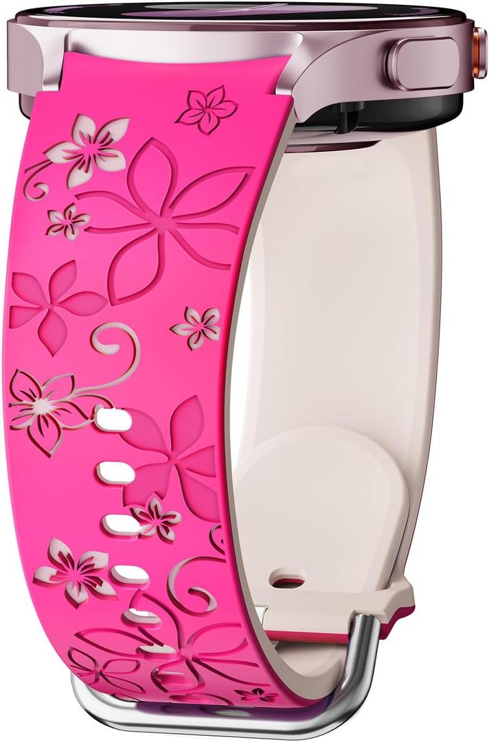 Flower Engraved Band for Samsung Galaxy Watch 7/6/5/4/FE 40mm 44mm/Galaxy Watch 6/4 classic Bands 47mm 43mm 46mm 42mm/Watch 5 pro 45mm Women,No Gap Silicone Cute Floral Strap Wristband Two-Tone Correa (06-hot pink starlight)