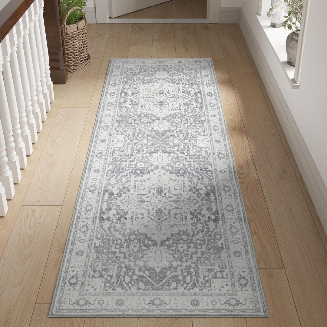 jinchan Runner Rug 2x6 - Kitchen Machine Washable Vintage Floral Non-Slip with Rubber Backing Ultra-Thin Low-Pile Carpet Runner for Hallway Entryway Bedroom Laundry Room (2x6ft,Light Grey) 