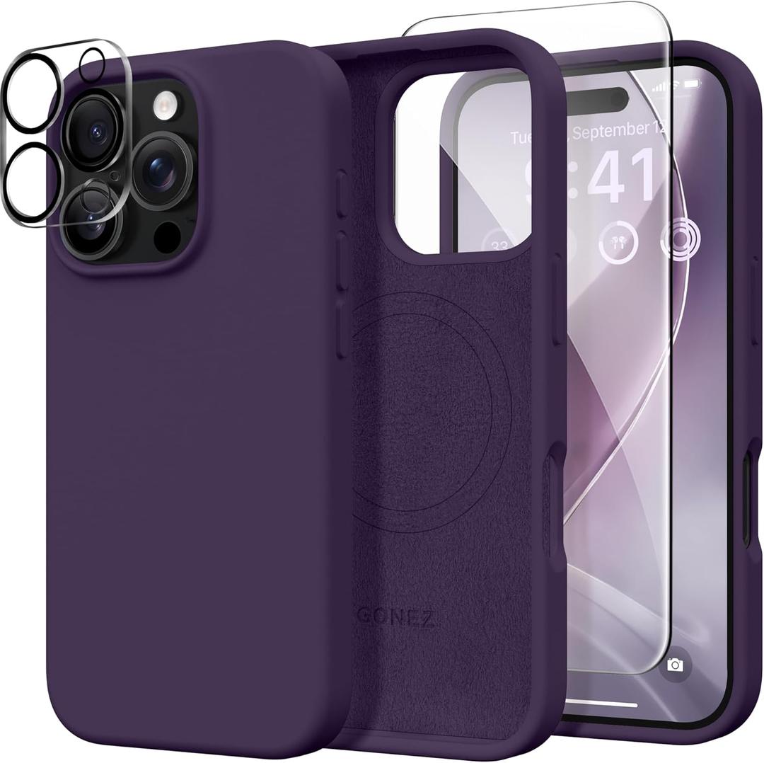 GONEZ Magnetic for iPhone 16 Pro Case, Compatible with MagSafe, [Screen Protector + Camera Lens Protector], Silicone Shockproof Anti-Scratch Protective Phone Case 6.3 inch, Deep Purple