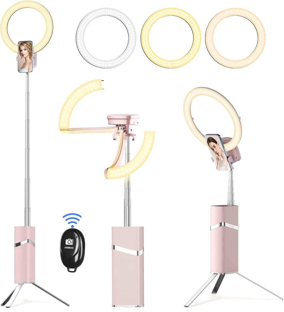 10" Selfie Ring Light with 76" Tripod Stand and Phone Holder, Portable Travel LED Tripod Ring Light Ringlights with Stand Cordless for iPhone TikTok Makeup Video Recording, Pink
