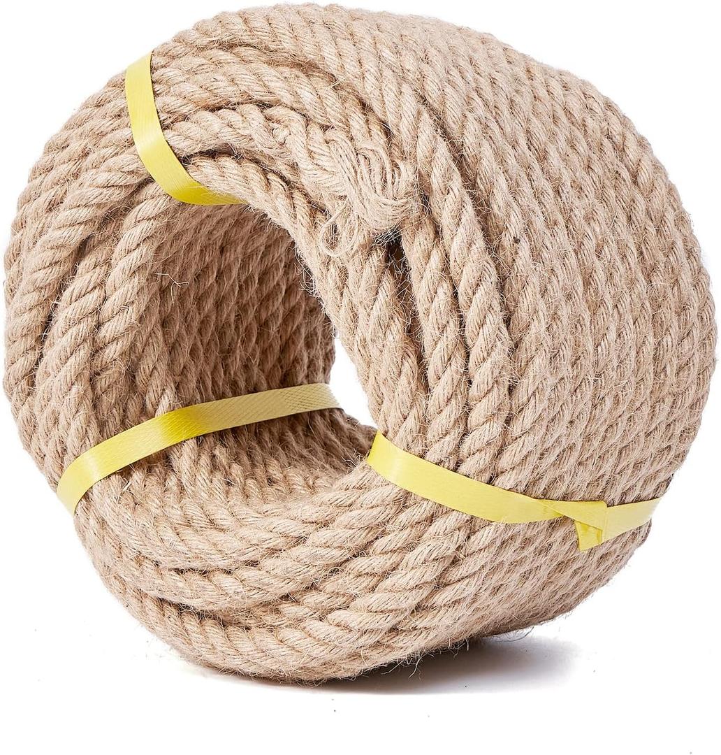 Jute Rope 1/2 Inch 50 Feet, Heavy Duty Natural Hemp Rope, Twisted Hemp for Crafts, Gardening, Bundling, Climbing, Hammock, Nautical, Tug of War, Railings, Home Decorating