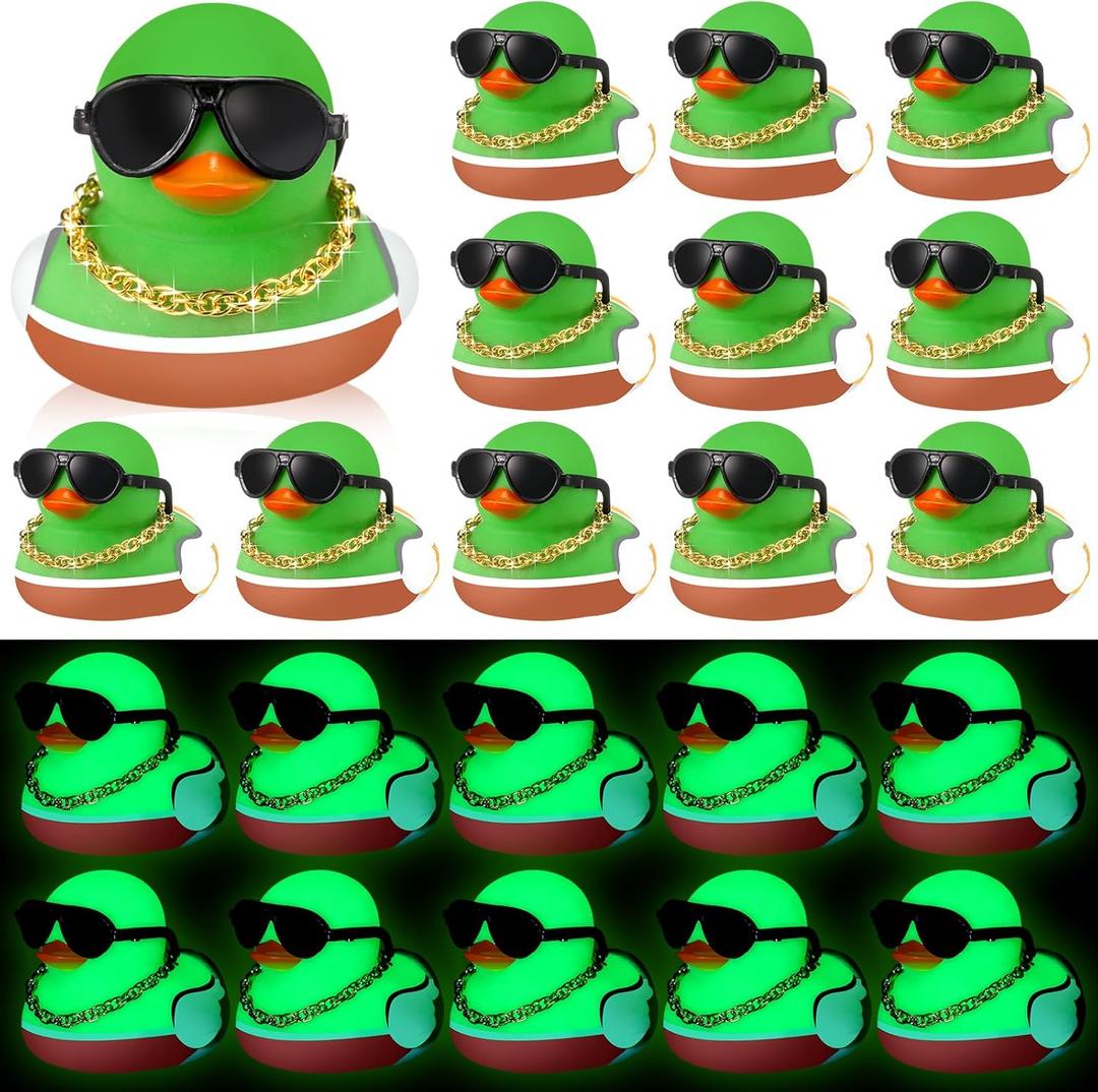 24 Pcs Glow in The Dark Ducks Mallard Rubber Duck with Sunglasses Necklace Mini Squeaky Rubber Ducks for First Day of School Gifts Birthday Party Favors Supplies