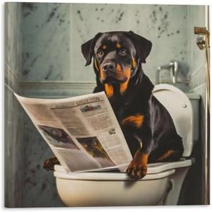 TcnBzydkij Square Canvas Bathroom Decor Rottweiler Dog Wall Decor Poster Animals Reading Newspaper Theme Bathroom Wall Art Print Toilet Wall Decor Home Gift 12x12inch Framed, style-1