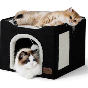 Bedsure Cat Beds for Indoor Cats - Large Cat Cave for Pet Cat House with Fluffy Ball Hanging and Scratch Pad, Foldable Cat Hideaway, 16.5x16.5x13 inches, Black (Single)