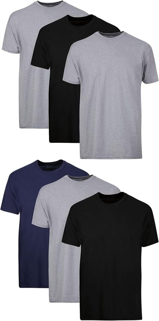 Hanes Men's Cotton, Moisture-Wicking Crew Tee Undershirts, Multi-Packs (Large, Black/Grey/Blue Assorted - 6 Pack)