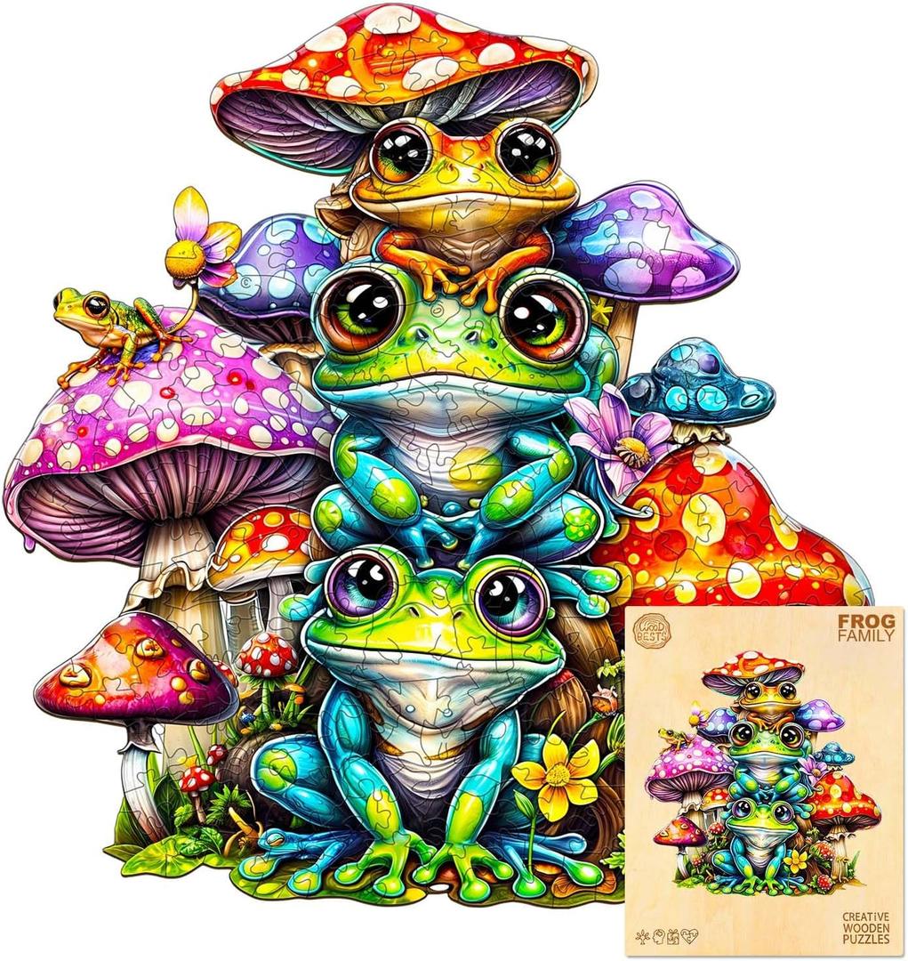 Wooden Puzzles for Adults, Frog Jigsaw Puzzles with Wood Puzzle Box, Birthday Gift for Family & Friends, Wooden Puzzles Games (M-11.4 * 10.9in 190pcs)