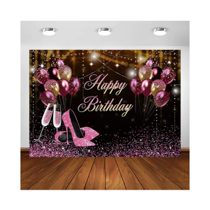 Avezano Black Gold Pink Glitters Birthday Backdrop for Girl Women Photoshoot Happy Birthday Party Banner High Heels Champagne Pink Golden Balloons Decorations Photography Background (7x5ft)