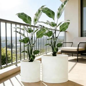GreenShip Planter Set of 2 (13.8" & 11.8") – Cylinder Planters with Drainage Hole and Planter Saucer, Jun Porcelain Clay & Recycled Resin, Decorate Home,Office & Outdoor,White pots, 13.7in+11.8in