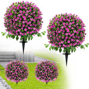 Artificial Boxwood Topiary Trees with Roses, 2 Pack Lifelike Evergreen Shrubs Featuring Ground Spike, Artificial Plants UV Protected for Year-Round Beauty in Indoor Outdoor Gardens and Porches