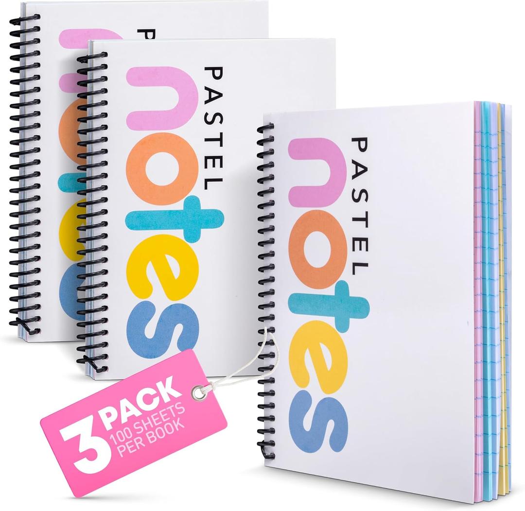 Spiral Notebook, 5x7 Inch Notebooks - Wirebound College Ruled Note Books, Bright Pastel Colored Lined Paper, Perforated Notepad Memo Books - Durable Poly Cover, Journaling Notebook - 100 Sheets - 3