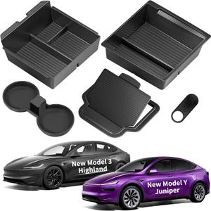 Center Console Organizer Tray for Tesla Model Y Juniper Accessories 2025 2026/For Tesla Model 3 Highland Accessories 2024 2025 2026 [Slide Smoothly/US Patent] Cup Holder Matte Black