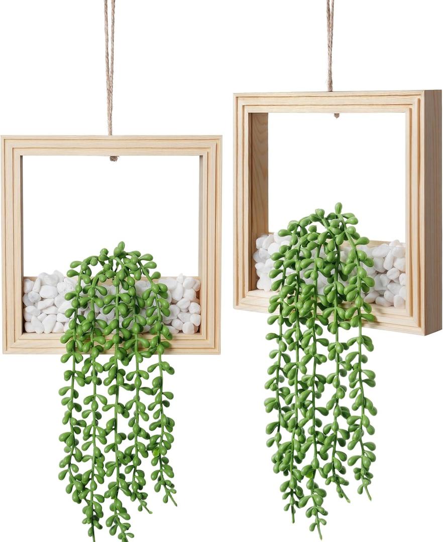2 Pack Hanging Artificial Succulents Plants String of Tears - 7.8x7.8in Square Wooden Frame Vase with Stones & 2 LED Fairy Lights (On/Off Switch), Boho Decor for Indoor Outdoor Wall (Natural Wood)