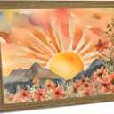 Boho Sunset Wall Art Framed Canvas, Modern Abstract Sun Wall Decor Picture, Floral Landscape Aesthetic Painting for Living Room Bedroom Home Office 10x8 Inch